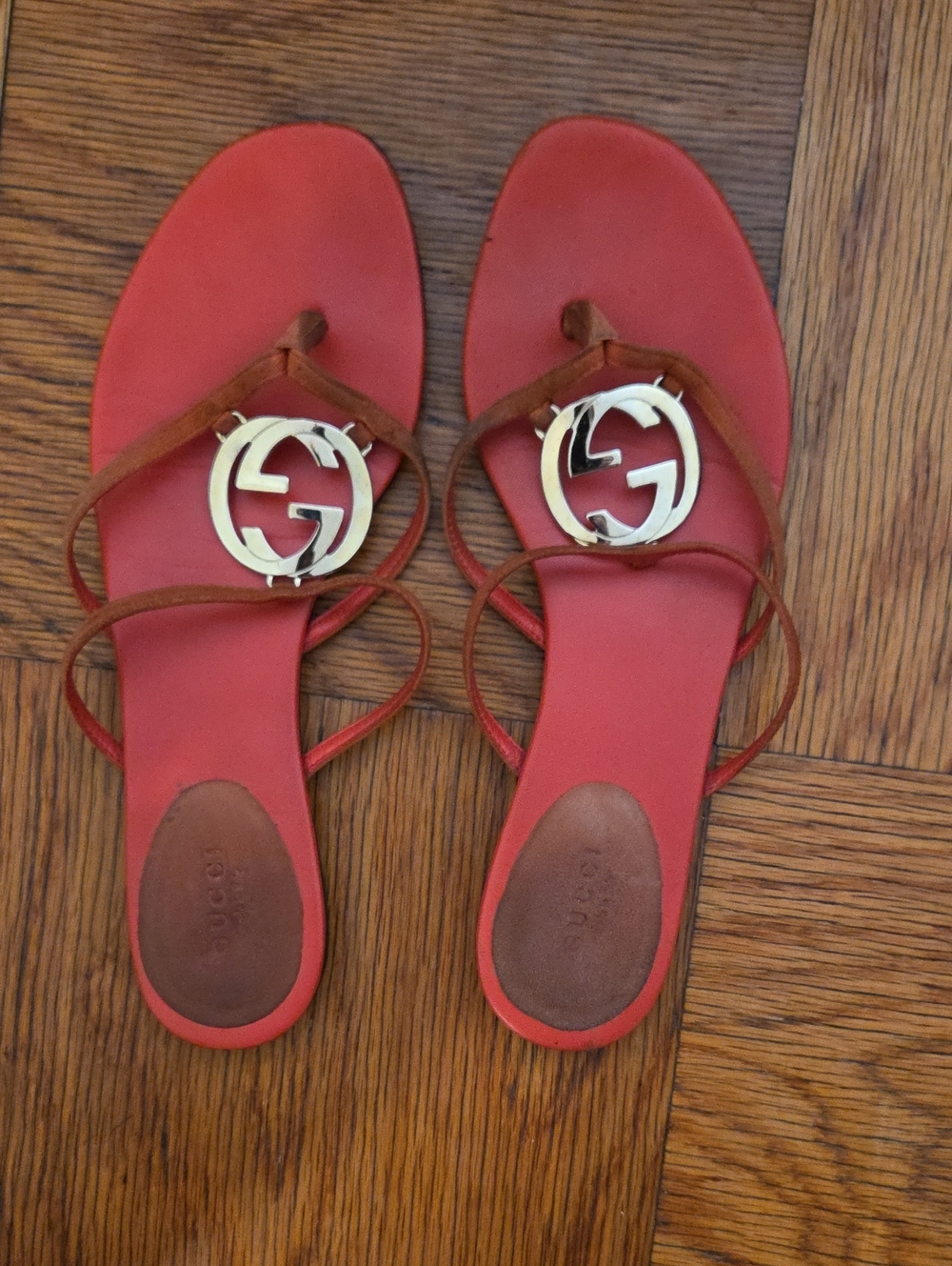 Gucci Red Leather Sandal with Gold GG Medallion with Straps